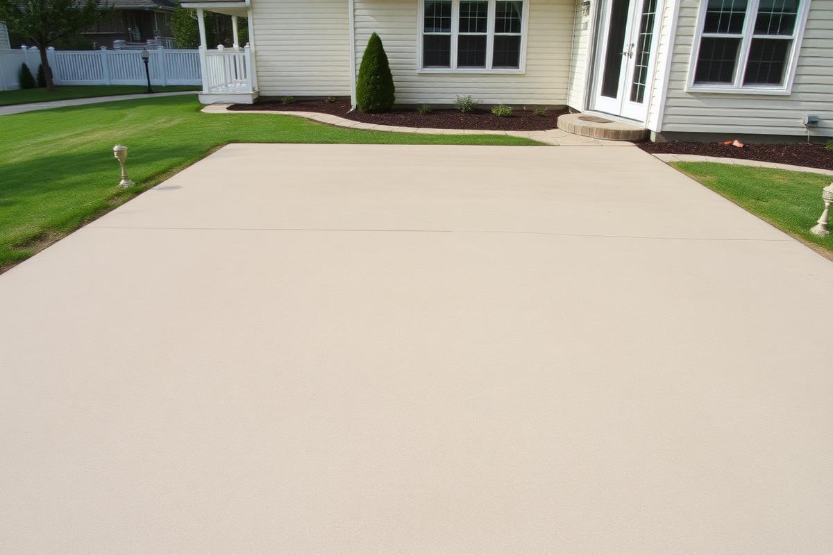 Level concrete patio behind a suburban home